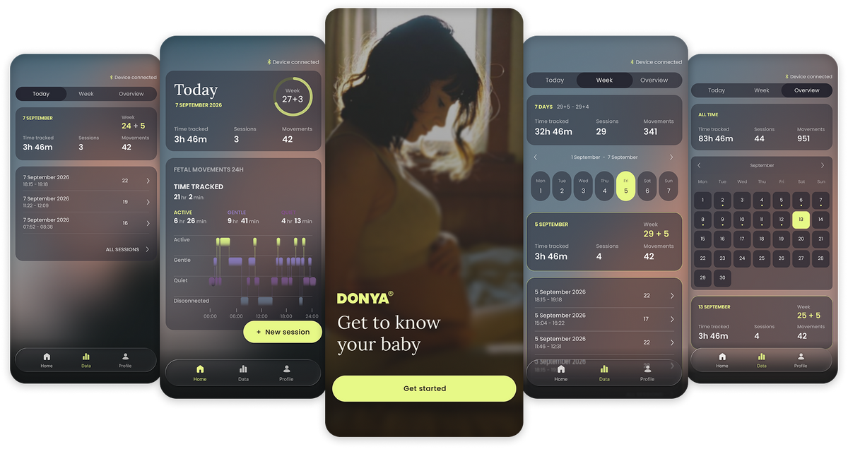 Five promotional app screenshots for Donya, a fetal movement tracking application, arranged in a fan-like layout. The screens show dark-themed interfaces with charts, countdown timers, calendar views, and a central screen featuring a woman and the text 'DONYA Get to know your baby'.